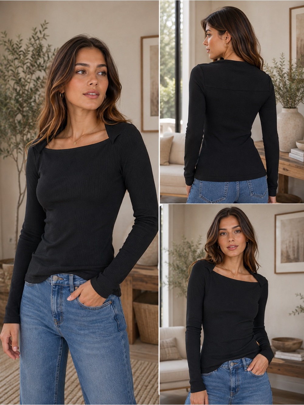 Black Square-Neck Ribbed Long Sleeve Top by